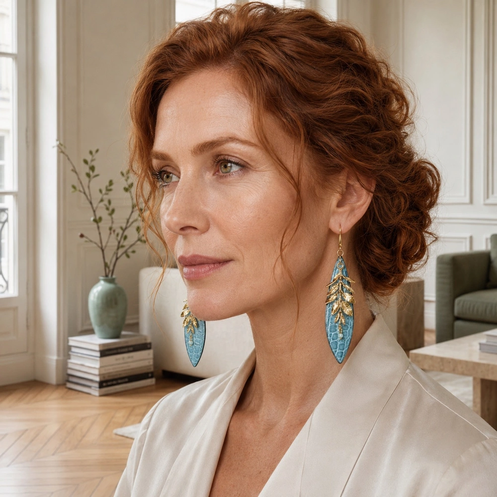 Boucles d’oreilles en alligator bleu céladon, amazonite et laiton doré à l’or fin 24 carats portées par un modèle