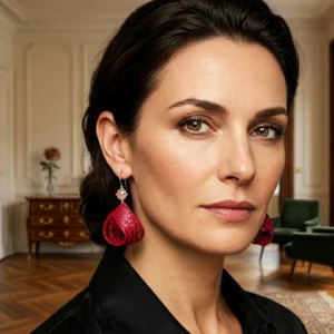 Boucles d’oreilles en alligator rouge cerise, pierre de lune rose et laiton doré à l’or fin 24 carats portées par un modèle – pièce unique faite main en France