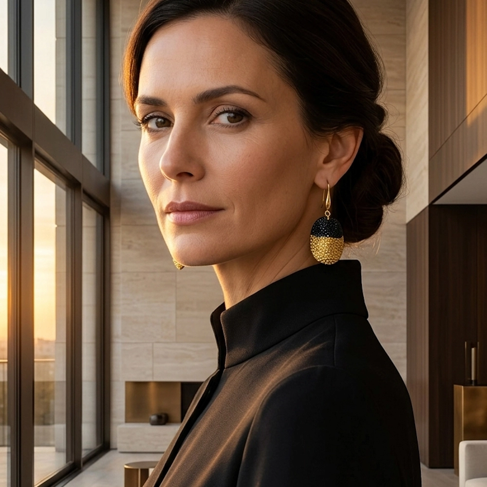 Boucles d'oreilles en galuchat noir caviar et galuchat doré, montées sur laiton doré à l'or fin 24 carats. Création artisanale réalisée à la main en France par Madame Royale. Femme portant des boucles d'oreilles en galuchat noir caviar et galuchat doré