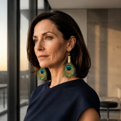 Boucles d’oreilles en plumes de paon naturelles et agneau or patiné portées par une femme