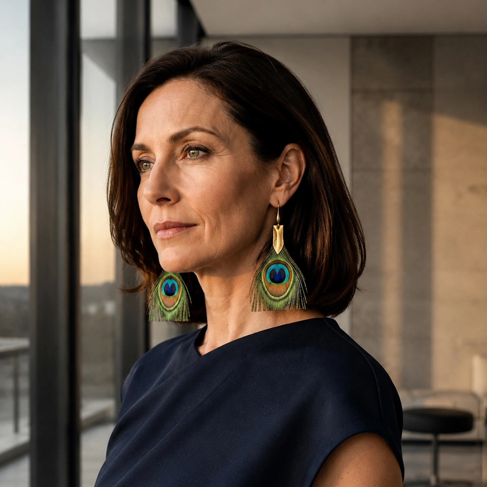 Boucles d’oreilles en plumes de paon naturelles et agneau or patiné portées par une femme