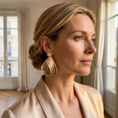 Boucles d'oreilles en python rose poudré et or portées par une femme
