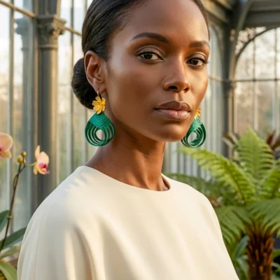 Portrait de femme portant des boucles d’oreilles en lézard vert émeraude et laiton doré à l’or fin 24 carats