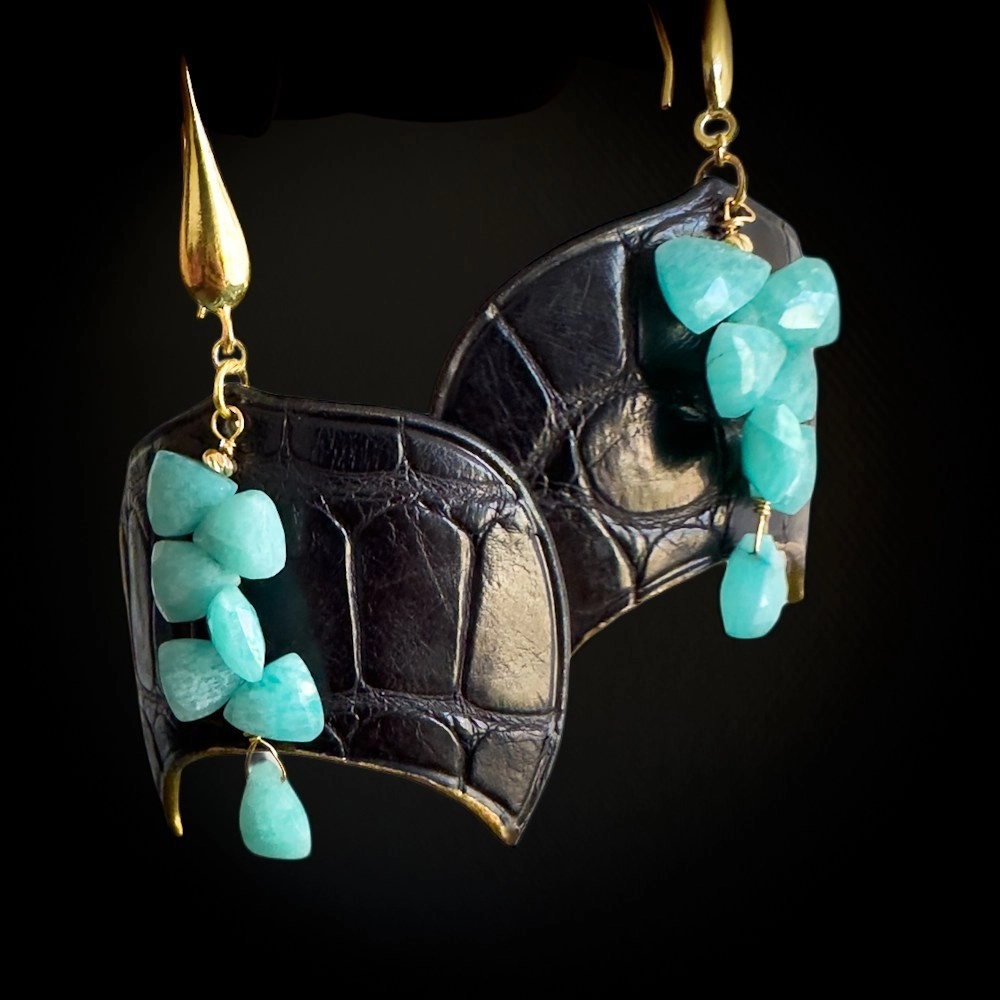 Boucles d'oreilles artisanales en cuir illustrant la qualité des finitions, des tranches et du montage