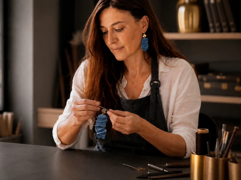 Artisane réalisant à la main une paire de boucles d'oreilles en galuchat plissé dans un atelier de maroquinerie d'art