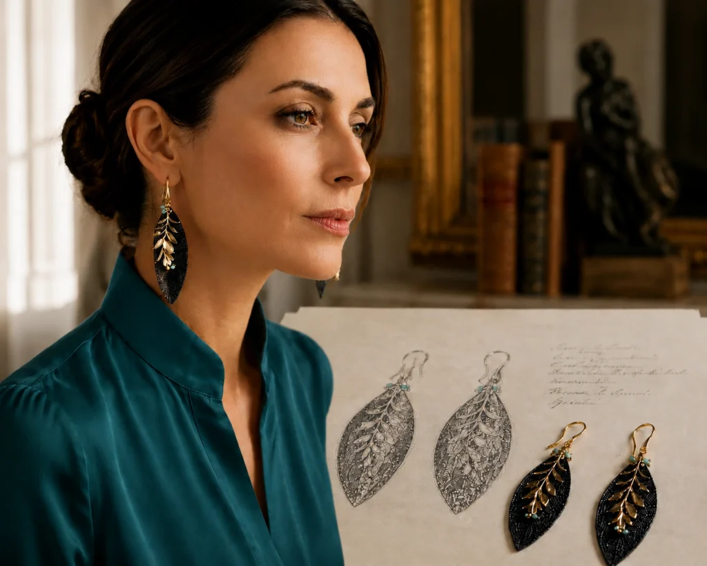 Les boucles d'oreilles en cuir, entre bijou et maroquinerie d'art | Madame Royale Croquis et boucles d'oreilles en cuir artisanales illustrant le savoir-faire en maroquinerie d'art