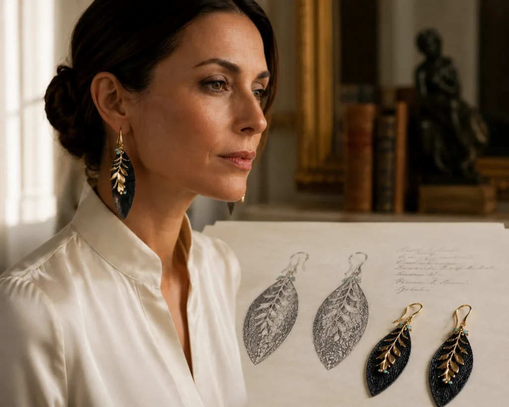 Croquis et boucles d'oreilles en cuir artisanales illustrant le savoir-faire en maroquinerie d'art
