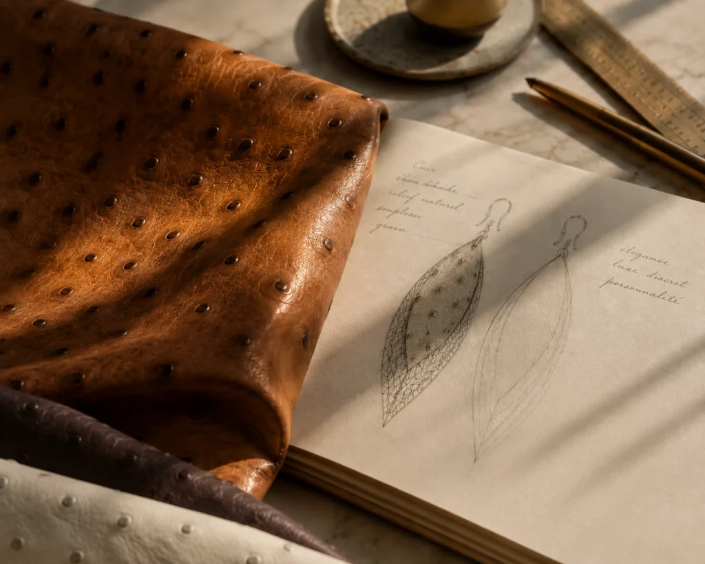 Projet de boucles d'oreilles en cuir d'autruche avec croquis de création et cuir de maroquinerie de luxe